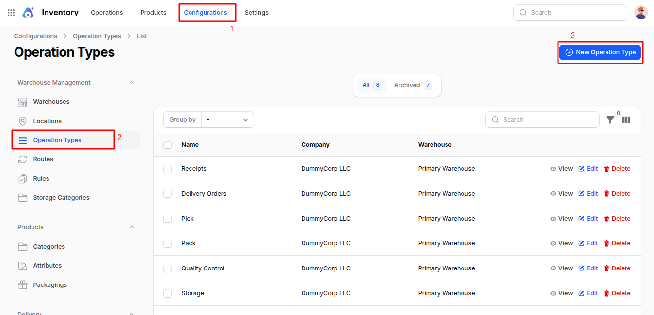 Warehouse Operation Types Navigation
