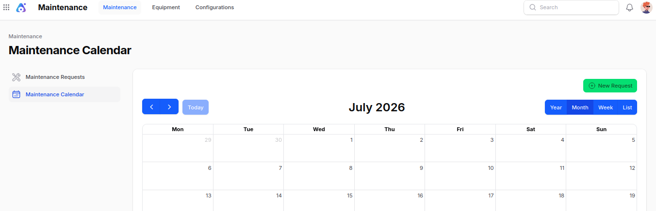 Calendar New Request Button