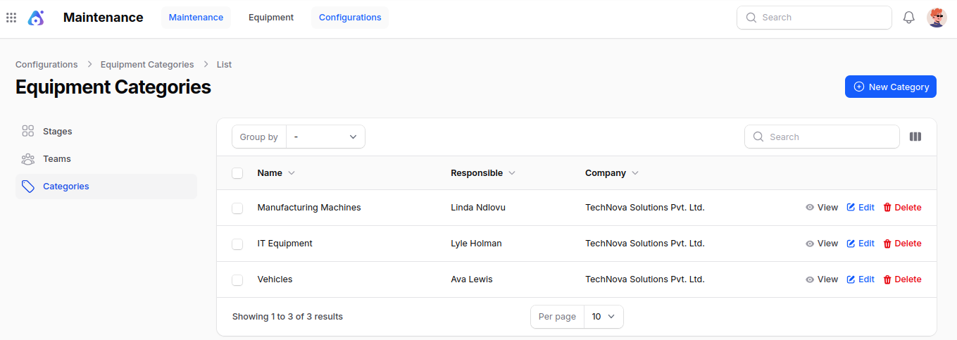 Equipment Categories Navigation