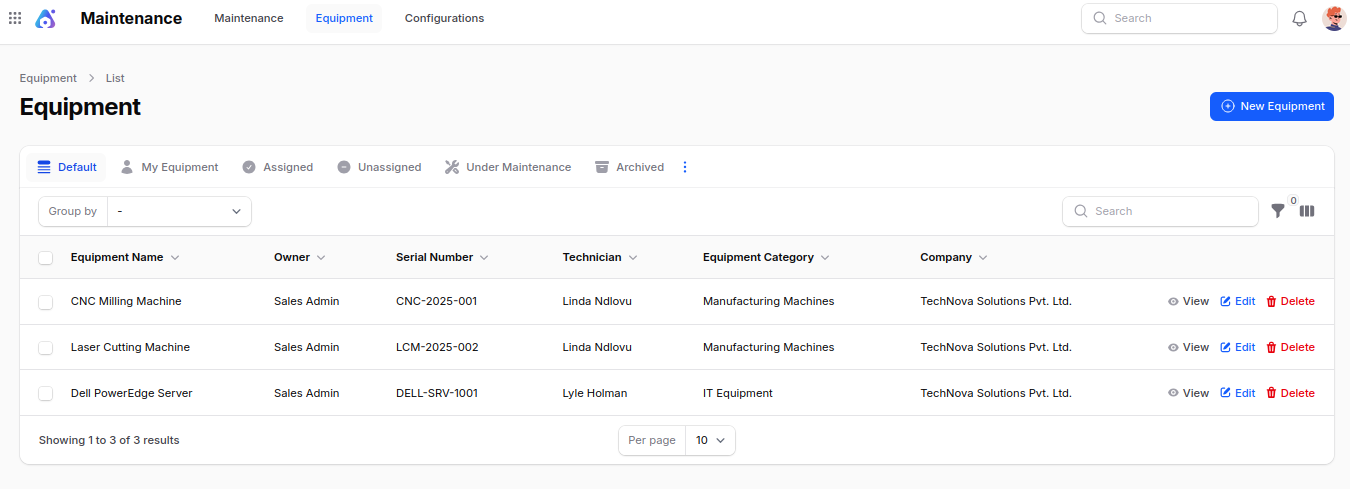 Equipment List View