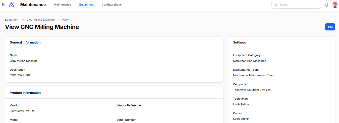 Equipment View Page