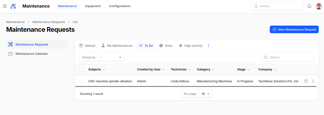 Maintenance Request List View