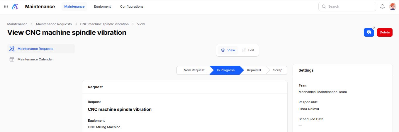 Maintenance Request View Page