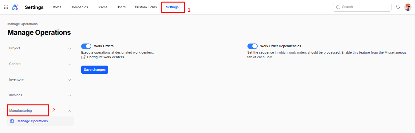 Manufacturing Manage Operations Settings