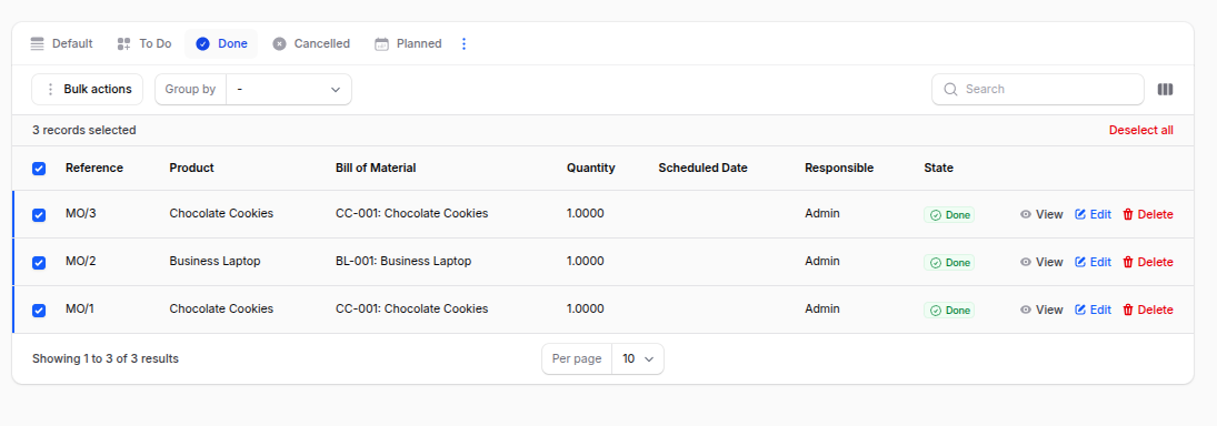 Manufacturing Order List View