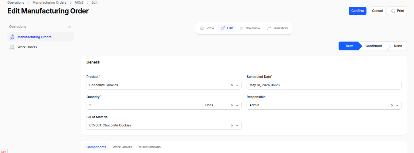 Manufacturing Order View Page