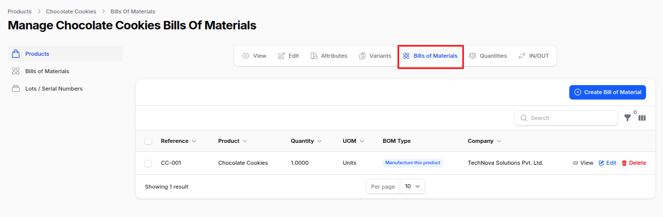 Product Bills of Material Tab