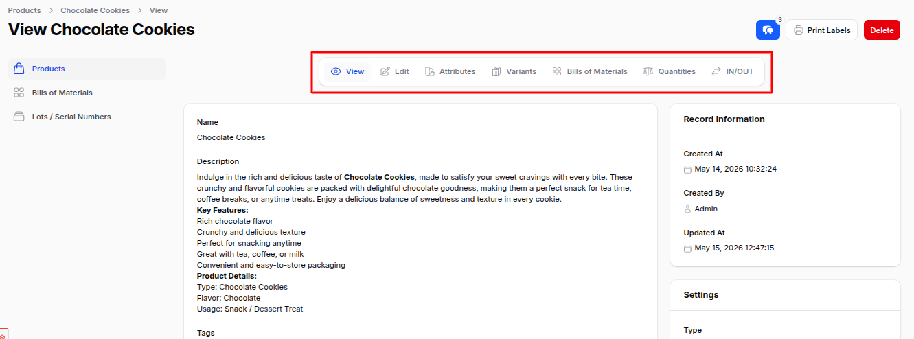 Manufacturing Product View Page