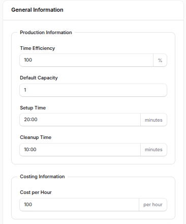 Work Center Information Section