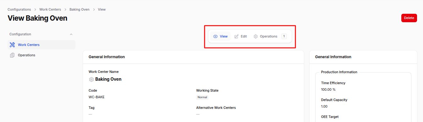 Work Center Operations Tab