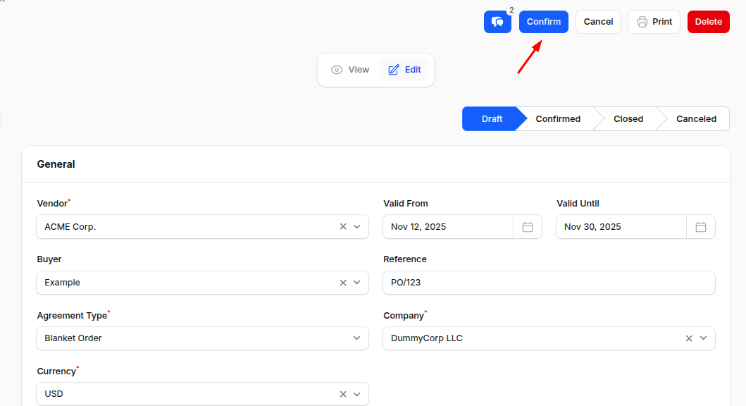 Purchase Agreement Edit Page